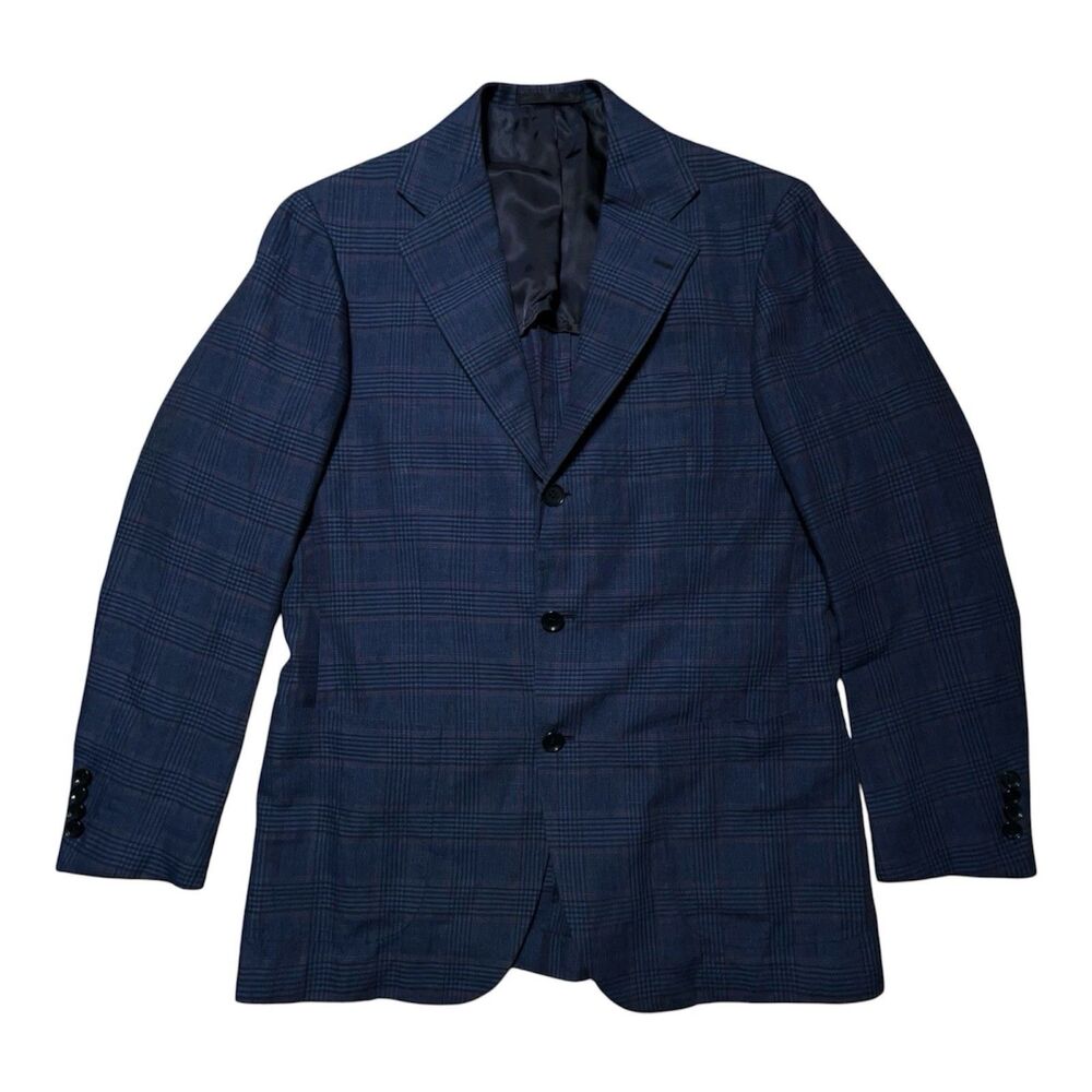 Ring Jacket Sport Coat Blazer Glen Plaid Blue Linen Blend Button Half Lined 38R